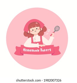 Cute girl chef smiling.Young woman cooking.homemade bakery concept.flat design vector illustion for logo bakery and label design.logo elements. Wearing arpon and chef uniform.
