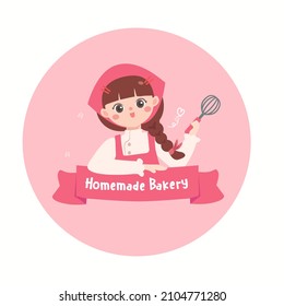 Cute Girl Chef Smiling.Young Woman Cooking.homemade Bakery Concept.flat Design Vector Illustion For Logo Bakery Design.logo Elements.Braid Hair Chef.Wearing Arpon And Chef Uniform.sweet Dessert Label.