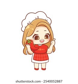 Chef menina bonito e picante quente chili comida logotipo cartoon
