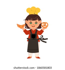 Cute Girl Chef in Toque and Apron Holding Pastry Vector Illustration