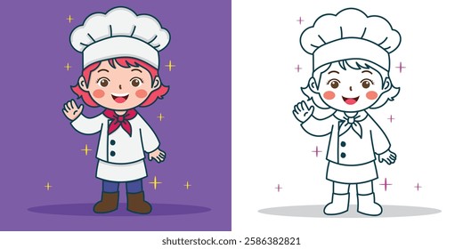 a cute girl in a chef's costume waving hand for a design element mascot or logo