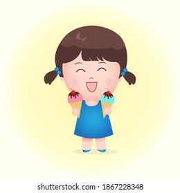 Cute Girl Chibi Happy Holding Double Ice Cream