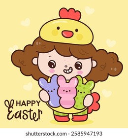 Cute girl chick hug easter peeps. Kawaii animals Egg hunting (whimsical characters). Pet farm Spring activities holiday. Make a wish for baby t shirt fairy tale book, celebration party, greeting card.