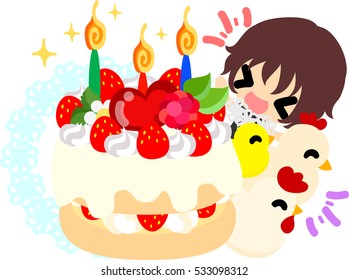 The cute girl and chickens and a birthday cake