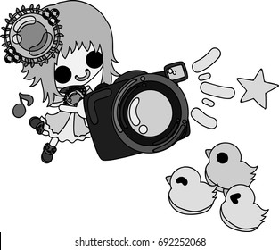 The cute girl and chicks and a camera