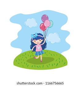 cute girl child with balloons in the landscape
