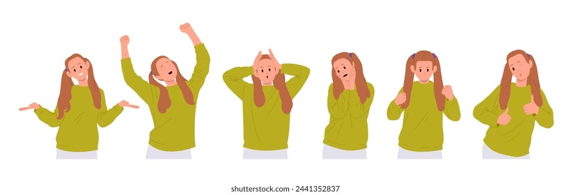Cute girl child cartoon character showing different emotions and facial expressions isolated set