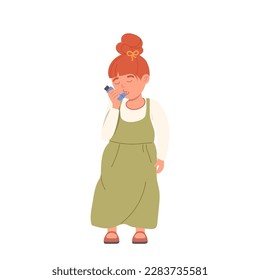 Cute girl child character having asthma and flu disease using aerosol to relief cough attack