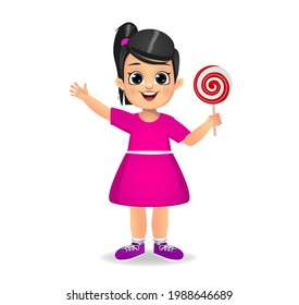 cute girl child eat candy. isolated on white background