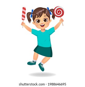 cute girl child eat candy. isolated on white background