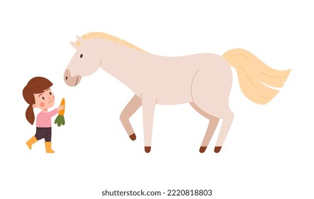 Cute girl child feeding horse with carrot, cartoon flat vector illustration isolated on white background. Kid taking care of horse. Concept of friendship between children and animals.