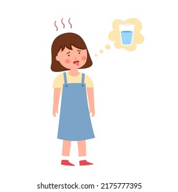 Cute girl child feel thirsty in flat design. Kids want to drink water.