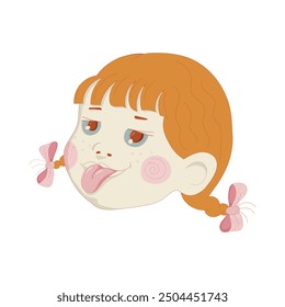 Cute girl child showing tongue. Red-haired girl. Cheerful child. Girl face image. Cartoon baby face. Vector illustration.