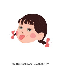 Cute girl child showing tongue. Cheerful child. Girl face image. Cartoon baby face. Vector illustration.