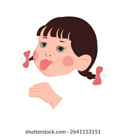 Cute girl child showing tongue. Cheerful child. Girl face image. Cartoon baby face. Vector illustration.