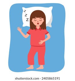 Cute girl child sleeping in flat design vector.