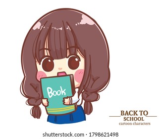 Cute Girl children student uniforms holding a book back to school. Cartoon illustration Premium Vector