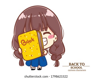 Cute Girl children student uniforms holding book back to school. Cartoon illustration Premium Vector