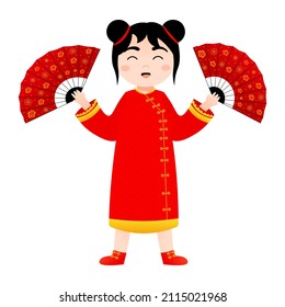 Cute girl in chinese national costume holding red fans in cartoon style for lunar new year decorative element
