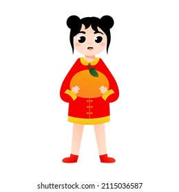 Cute girl in chinese national costume holding tangerine in cartoon style for lunar new year decorative element