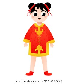 Cute girl in chinese national costume standing in cartoon style for lunar new year, decorative element for design isolated on white background