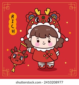 Cute Girl Chinesisch Neujahr Drachen Cartoon mit Lampe Grußkarte. Serie: Zodiac Vektor 2024 wünscht Ihnen Reichtum und Reichtum (kawaii Zeichnung und Tiere). Perfekt für Feierlichkeiten mit Kindern.