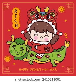 Cute Girl Chinesisch Neujahr Fahrt Dragon Cartoon Grußkarte. Serie: Zodiac Vektor 2024 wünscht Ihnen Reichtum und Reichtum (kawaii Zeichnung und Tiere). Perfekt für Feierlichkeiten mit Kindern.