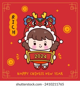 Cute Girl Chinese New Year Dragon Cartoon hält 2024 Label Grußkarte. Serie: Zodiac Vektor 2024 wünscht Ihnen Reichtum und Reichtum (kawaii Zeichnung und Tiere). Perfekt für Feierlichkeiten 