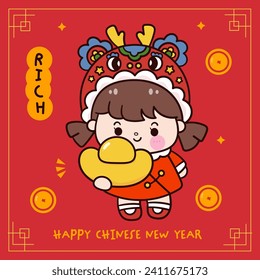 Cute Girl Chinese New Year Dragon Cartoon mit goldener Grußkarte. Serie: Zodiac Vektor 2024 wünscht Ihnen Reichtum und Reichtum (kawaii Zeichnung und Tiere). Perfekt machen Sie sich einen Wunsch nach Feierlichkeiten Kind.