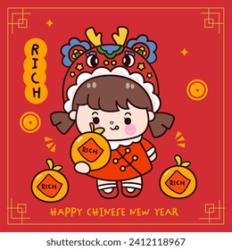 Cute Girl Chinese New Year Dragon Cartoon mit orangefarbener Grußkarte. Serie: Zodiac Vektor 2024 wünscht Ihnen Reichtum und Reichtum (kawaii Zeichnung und Tiere). Perfekt für Feierlichkeiten.