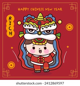 Cute girl Chinese New Year Dragon cartoon with lion dance greeting card. Series: Zodiac vector 2024 Wish you rich and wealth (kawaii drawing and animals). Perfect make a wish for celebration party.