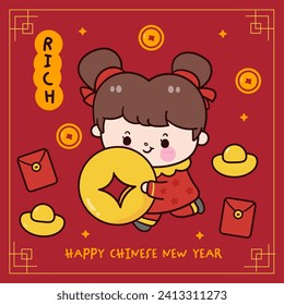 Cute girl Chinese New Year Dragon cartoon with giant coin greeting card. Series: Zodiac vector 2024 Wish you rich and wealth (kawaii drawing and animals). Perfect make a wish for celebration party.