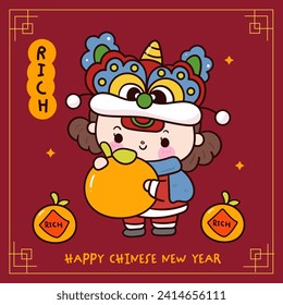 Cute Girl Chinese New Year Dragon Cartoon mit einer orangefarbenen Grußkarte. Serie: Zodiac Vektor 2024 wünscht Ihnen Reichtum und Reichtum (kawaii Zeichnung und Tiere). Perfekt für Feiern.