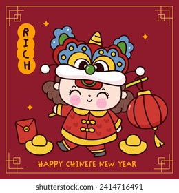 Cute girl Chinese New Year Dragon cartoon holding lucky lamp red greeting card. Series: Zodiac vector 2024 Wish you rich and wealth (kawaii drawing and animals). Perfect make a wish for celebration.