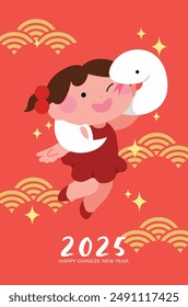 Linda chica con tarjeta de serpiente zodiaco chino. Año nuevo chino de la serpiente 2025 Ilustración vectorial con niño y serpiente.