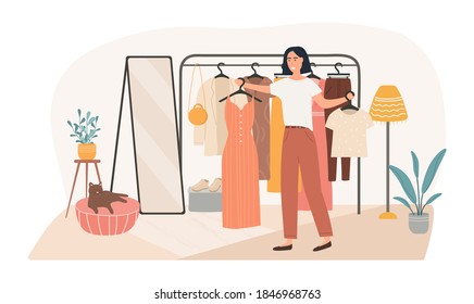 Cute girl chooses clothes from the hanger. Confusion young woman in dressing room. Trendy beautiful girl makes a difficult choice. The problem of choice. Flat Cartoon Vector Illustration