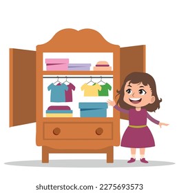 Cute girl choosing dress for fashion clothes in children's wardrobe vector illustration. Cartoon girl standing and choosing clothes in closet with open door, child wardrobe organization.