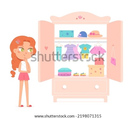 Cute girl choosing dress for fashion outfit in pink wardrobe vector illustration. Cartoon kid standing and choosing clothes in closet with open door, garderobe organization of child.