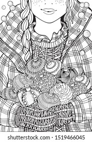 Cute girl and christmas balls. Adult Coloring book page. A4 size. Hand-drawn vector illustration.  Zentangle.
