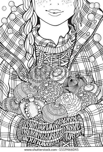 かわいい女の子とクリスマスボール アダルトカラーリングブックページ サイズ 手描きのベクターイラスト ゼンタングル のベクター画像素材 ロイヤリティフリー