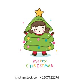 Cute girl Christmas character cartoon merry x mas tree sweet pastel color: Happy New year festival snow season: Perfect kid greeting card, t-shirt print, inspiration poster. Romantic hand drawing.