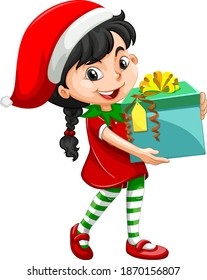 Cute girl in christmas costume holding gift box cartoon character illustration