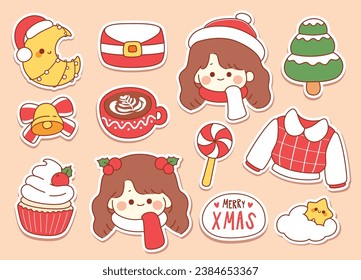 Cute girl christmas doodle sticker and elements for christmas