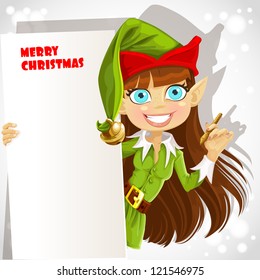 Cute girl the Christmas elf with a banner for your congratulation ready to recording