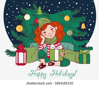 Cute girl with Christmas presents in front of Christmas tree. Christmas vector illustration in bright colors