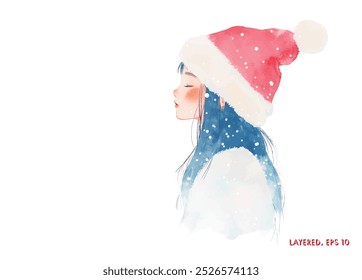 cute girl christmas red hat. Watercolor illustration, isolated on white