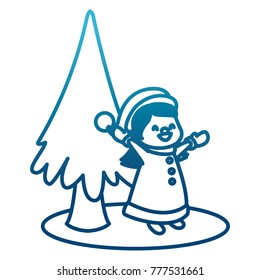 Cute girl and christmas tree cartoon
