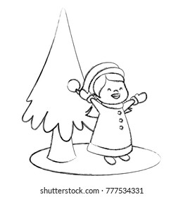 Cute girl and christmas tree cartoon