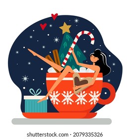 Cute girl with a Christmas tree in a cup with cocoa or coffee. Marshmallow, lollipop and cookies on the background of a red mug. Flat vector illustration.