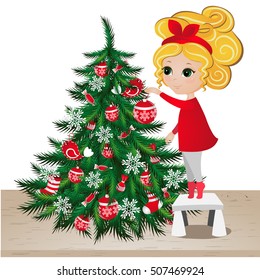 Cute girl with Christmas tree. New Year background. Greeting Card design